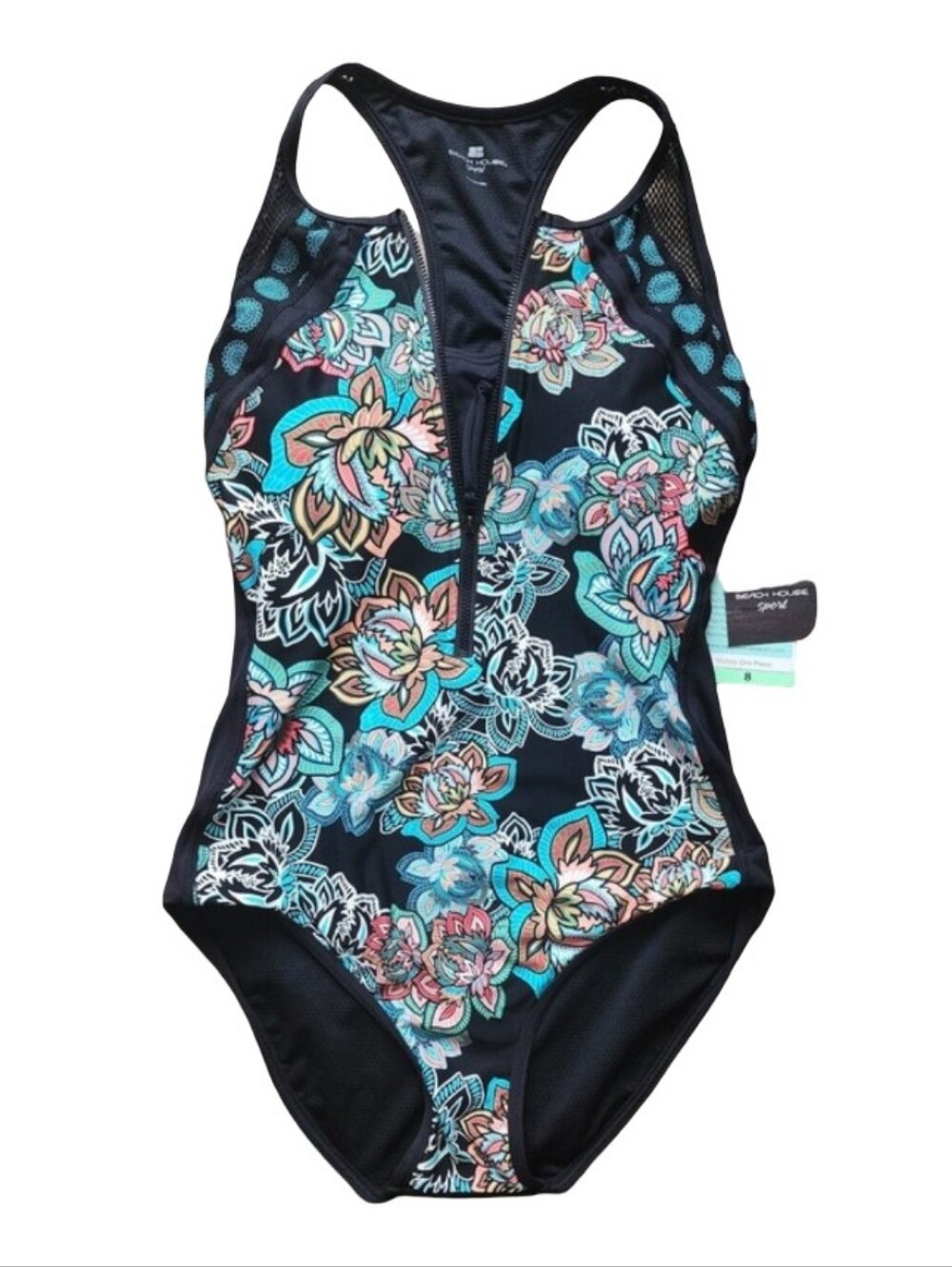 NWT Beach‎ House Sport Victory One Piece Swimsuit Size 8 Floral Zip Front - Picture 2 of 7
